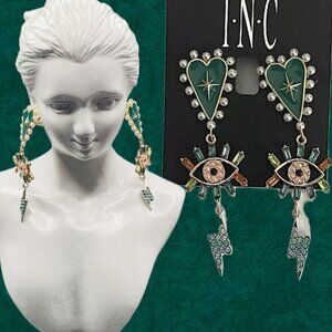 INC Teal Heart -Evil Eye- Bolt Pearl Crystal Detail Triple Drop Linear Earrings